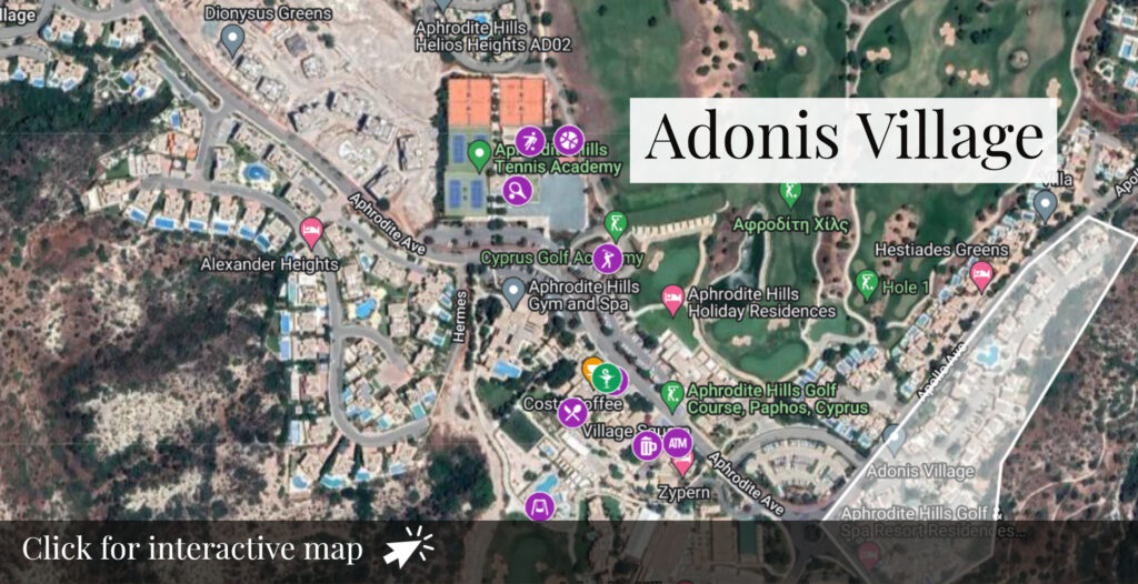 Thumbnail of map - aerial of Adonis Village communal village on Aphrodite Hills Resort. Googlemap screenshot. Presented by Aphroditerentals.com