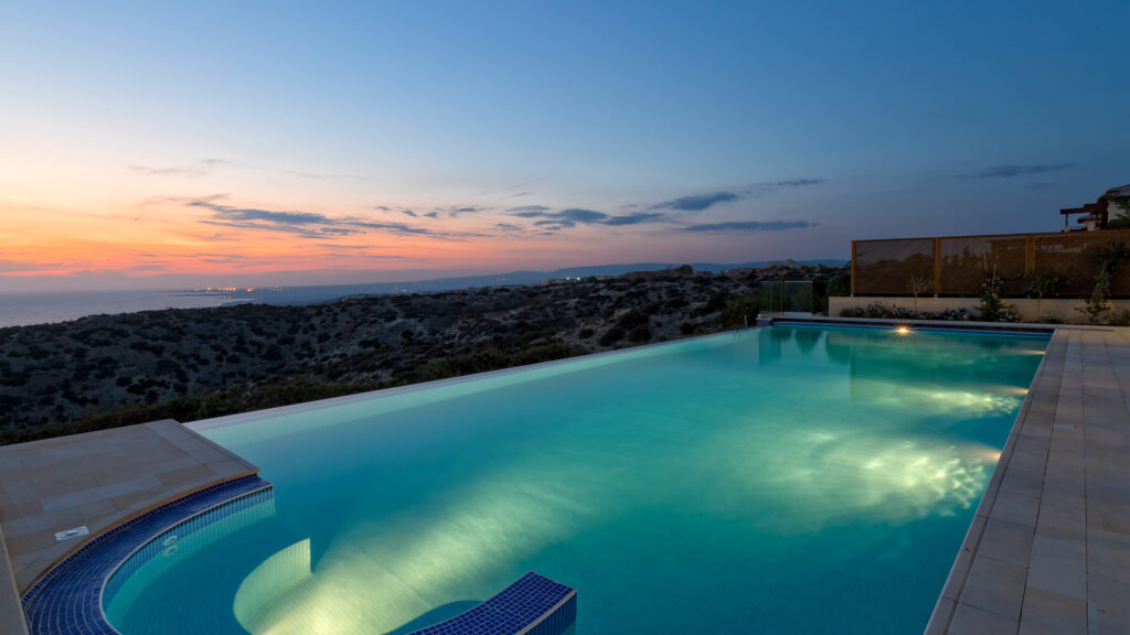 Sunset view from pool at AV17 on Aphrodite Hills Resort, Cyprus.
