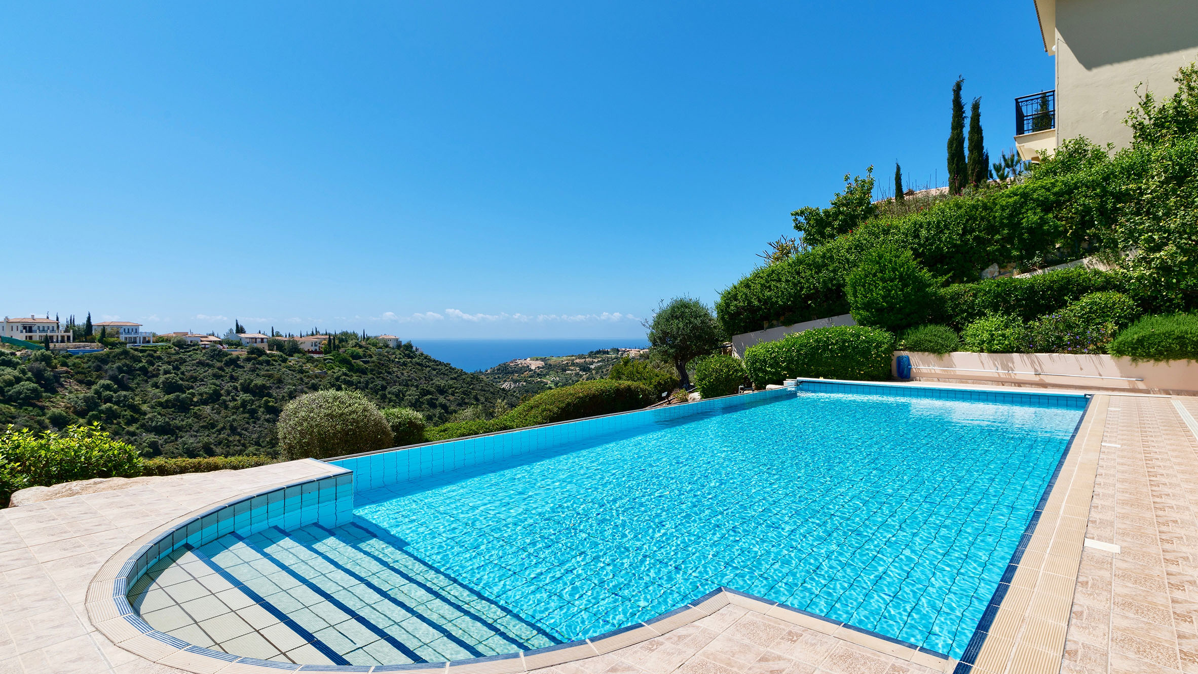 Image of pool and view from pool at Villa Helidoni 98 on Aphrodite Hills Resort.