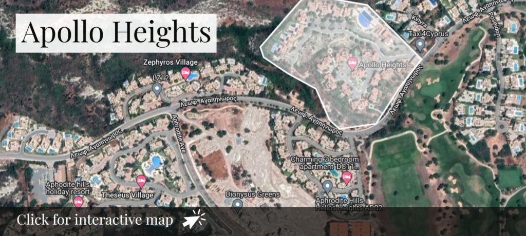 Thumbnail of map - aerial of Apollo Heights communal village on Aphrodite Hills Resort. Googlemap screenshot. Presented by Aphroditerentals.com