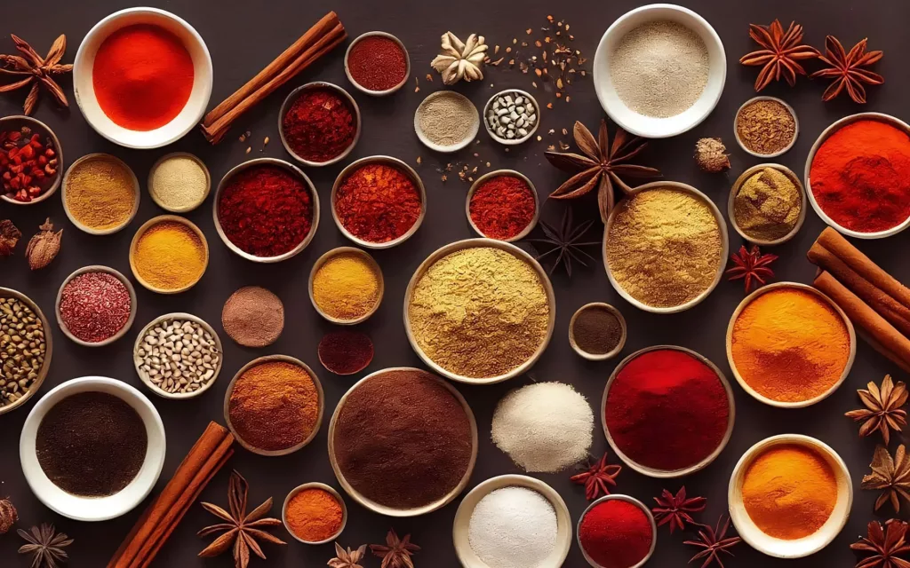 A variety of sizes of dishes holding Indian spices, from aerial view.