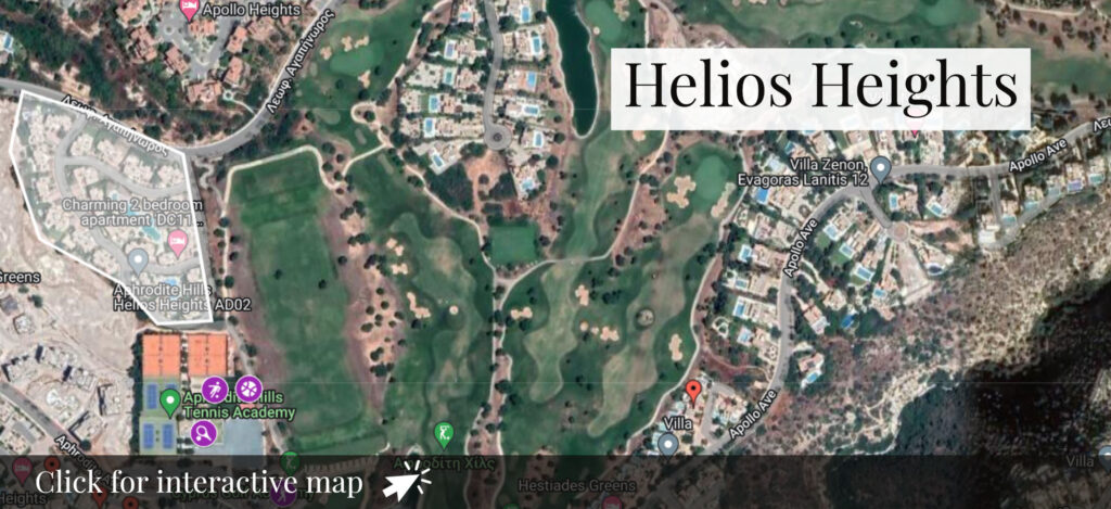 Thumbnail of map - aerial of Helios Heights Village communal village on Aphrodite Hills Resort. Googlemap screenshot. Presented by Aphroditerentals.com