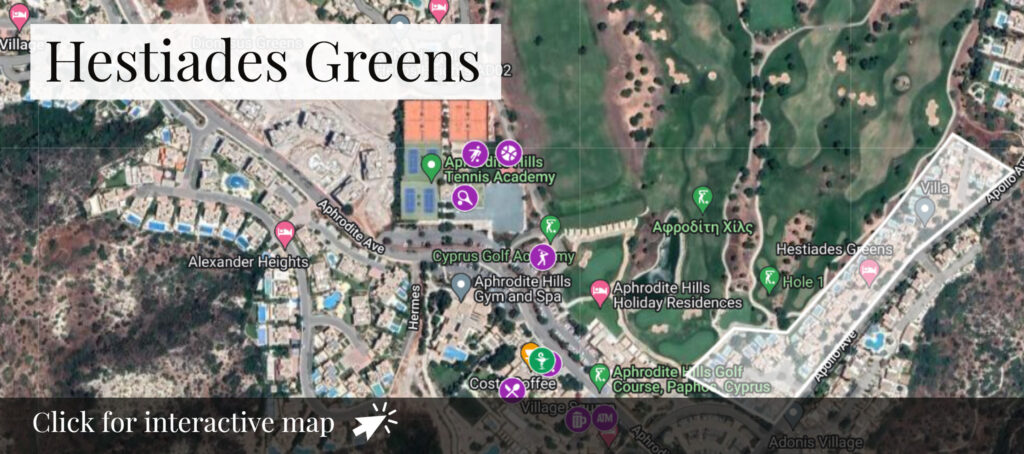 Thumbnail of map - aerial of Zephyros Village communal village on Aphrodite Hills Resort. Googlemap screenshot. Presented by Aphroditerentals.com