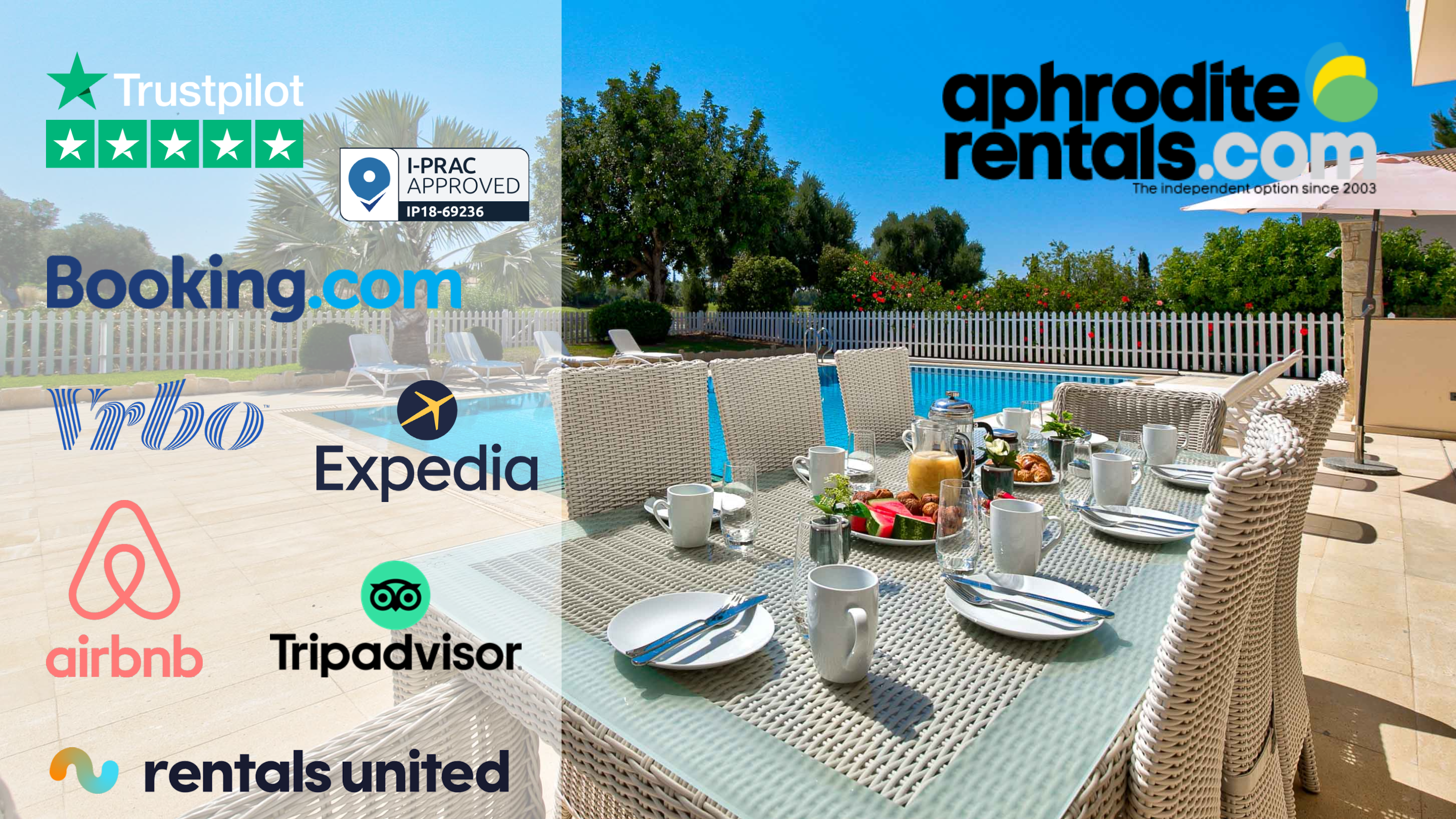 Various partner logos - booking.com, airbnb, and more, overlooking pool at a breakfast table setting. Villa Poseidon on Aphrodite Hills Resort. Aphroditerentals.com