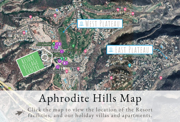 Googlemap thumbnail of Aphrodite Hills Resort, Cyprus, with text to show various locations.