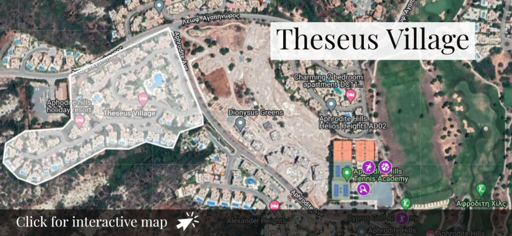Thumbnail of map - aerial of Theseus Village communal village on Aphrodite Hills Resort. Googlemap screenshot. Presented by Aphroditerentals.com