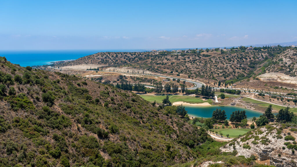 View over Secret Valley golf course and lake, out to sea. Presented by Aphroditerentals.com