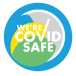 Logo with blue yellow green grey and blue elements, with text Covid 19 Customer Care Policy
