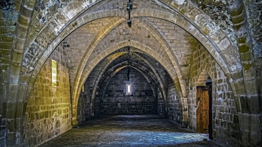 Ancient Manor House gothic hall in Kouklia Village - stone, arched interiors.