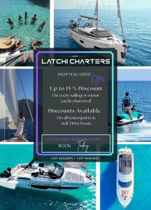Advert for Latchi Watersports, including pictures of yachts and text outlaying their company details