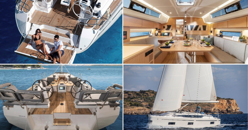 four images of yachts - top left, couple of yacht deck, top right inside yacht, bottom left looking at yacht deck and steering, bottom right, yacht on the sea.