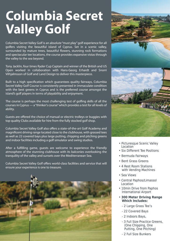 Advert for Columbia Secret Valley Golf - showing images of golf course and text descriptions of services