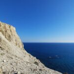 White Cliff against a clear horizon blue sea line and blue sky. Cape Aspro, Pissouri, Cyprus.