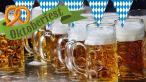 Image of beers in steins, with blue and white chequered flags, a pretzel and 'Oktoberfest' text overlaid.