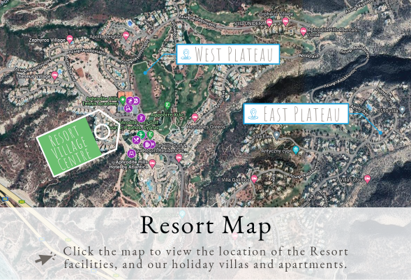 Thumbnail of map of Aphrodite Hills Resort, showing google aerial image and labels of locations