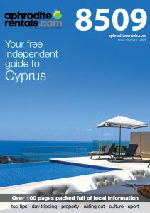 Front cover of the 2026 edition of the 8509 Magazine, showing swimming pool with sea in the background. Magazine produced by Aphroditerentals.com